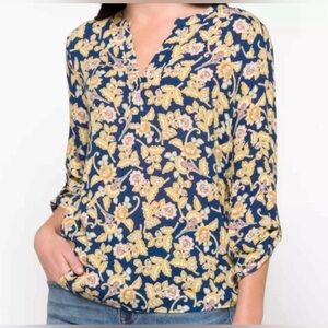 Daniel Rainn Koda Split Neck Floral Patterned Top 3/4 Sleeves Navy Size Large